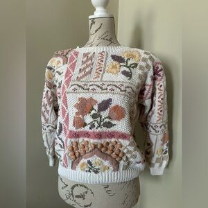 Floral Knit Sweater - Cream, Pink, Brown